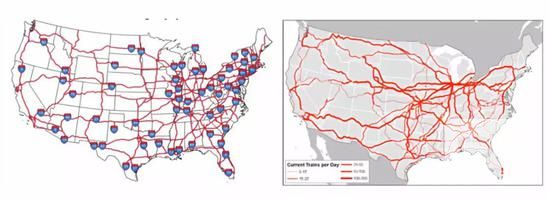 美国州际网络图（左，OnlineAtlas. us) 和主要货运铁路线路图（右，全国地面交通运输政策